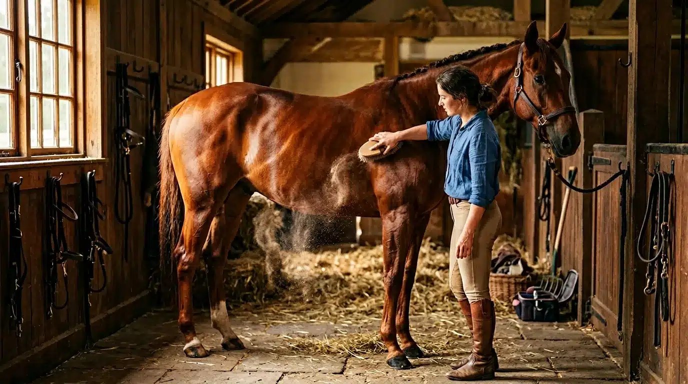 Femme brossant un cheval bai dans une écurie en bois