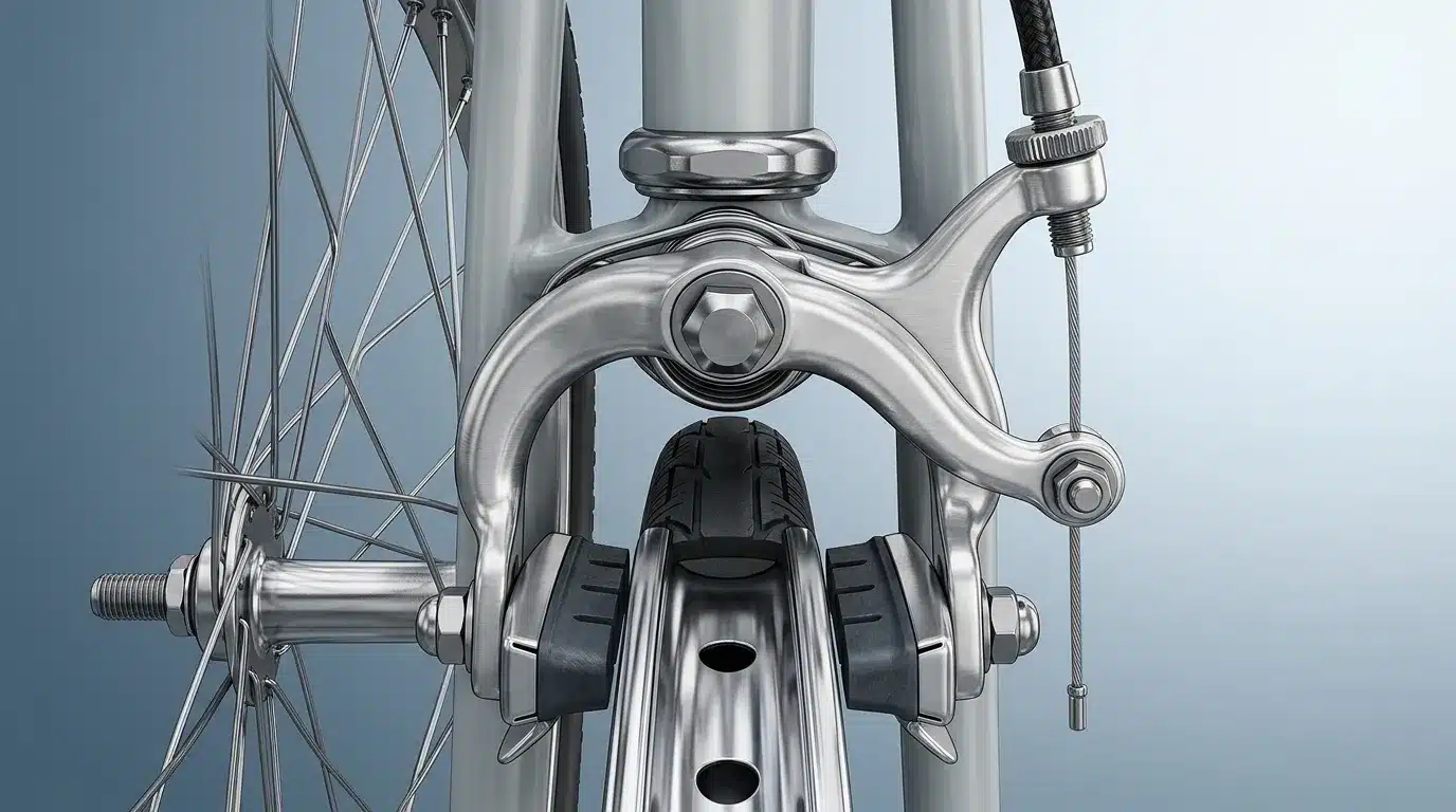 Frein à étrier chromé de vélo avec jante et pneu