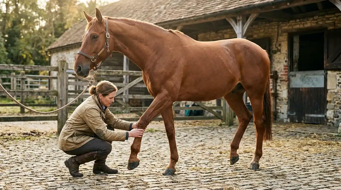 Femme vétérinaire examine la jambe d'un cheval brun