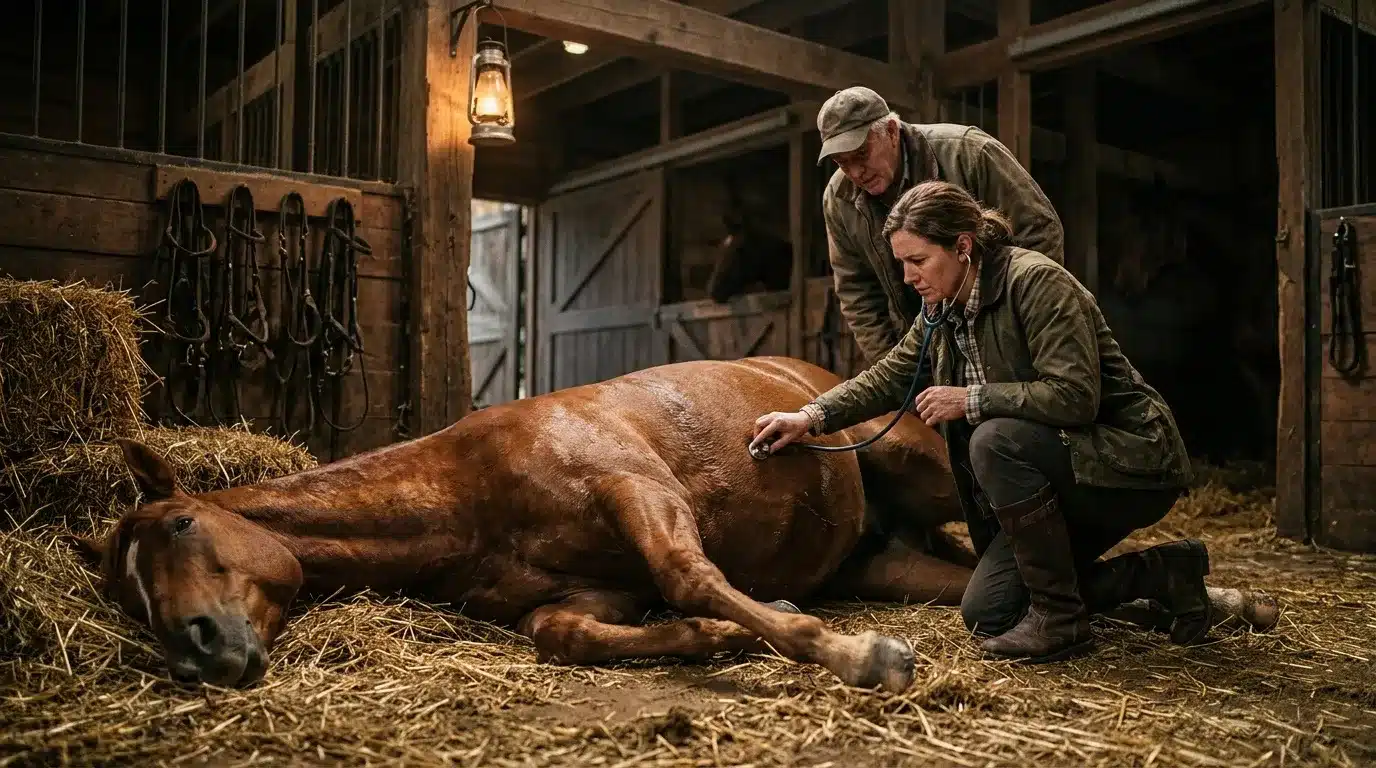 Vétérinaire examine cheval allongé dans écurie