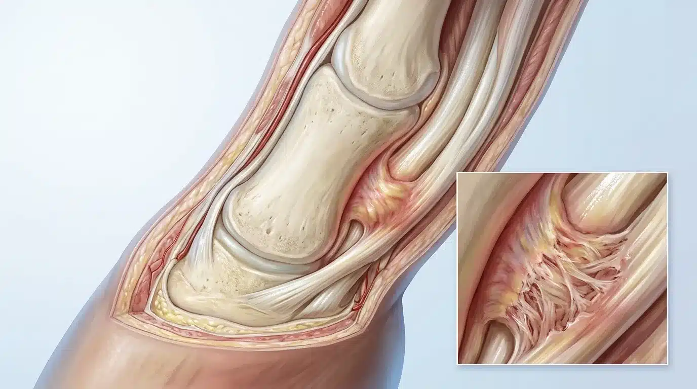 Coupe transversale montrant os, tendons et tissus du doigt