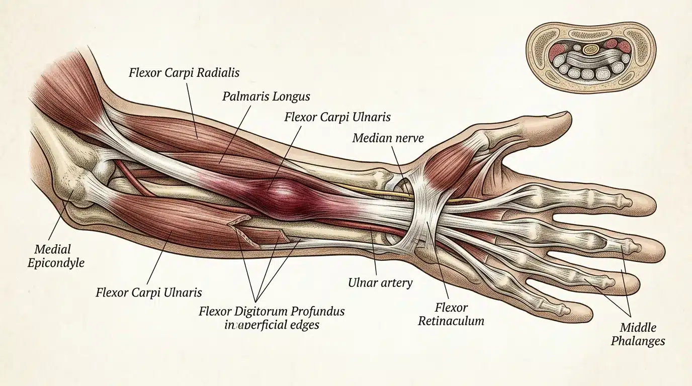 Illustration anatomique détaillée des muscles et nerfs de l'avant-bras