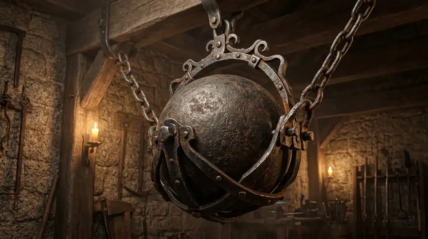 Boule de fer ornementée suspendue par chaînes dans donjon