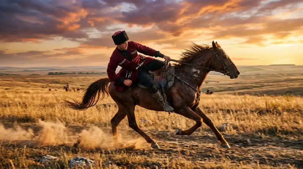 Homme à cheval au galop dans la steppe au coucher soleil