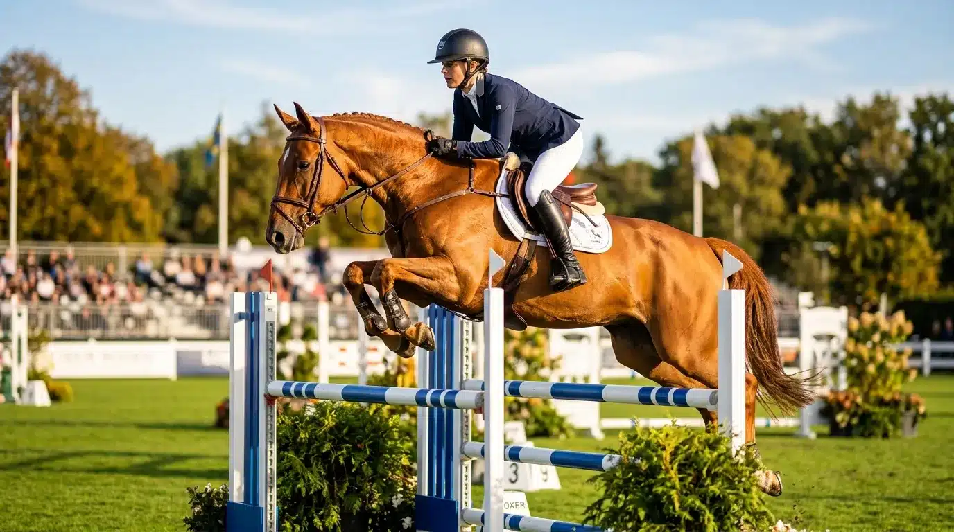 Cavalier et cheval franchissent un obstacle bleu blanc