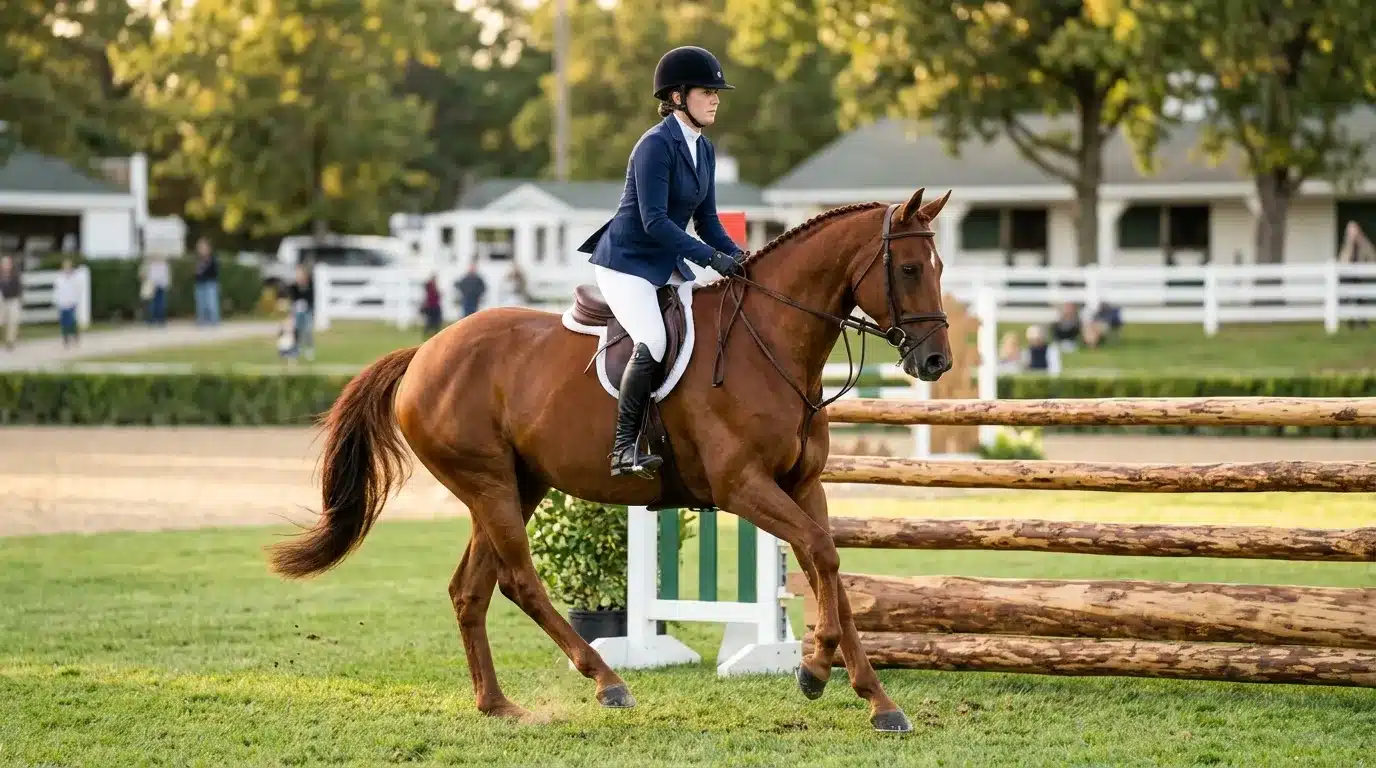 Cavalière à cheval sautant un obstacle en compétition équestre