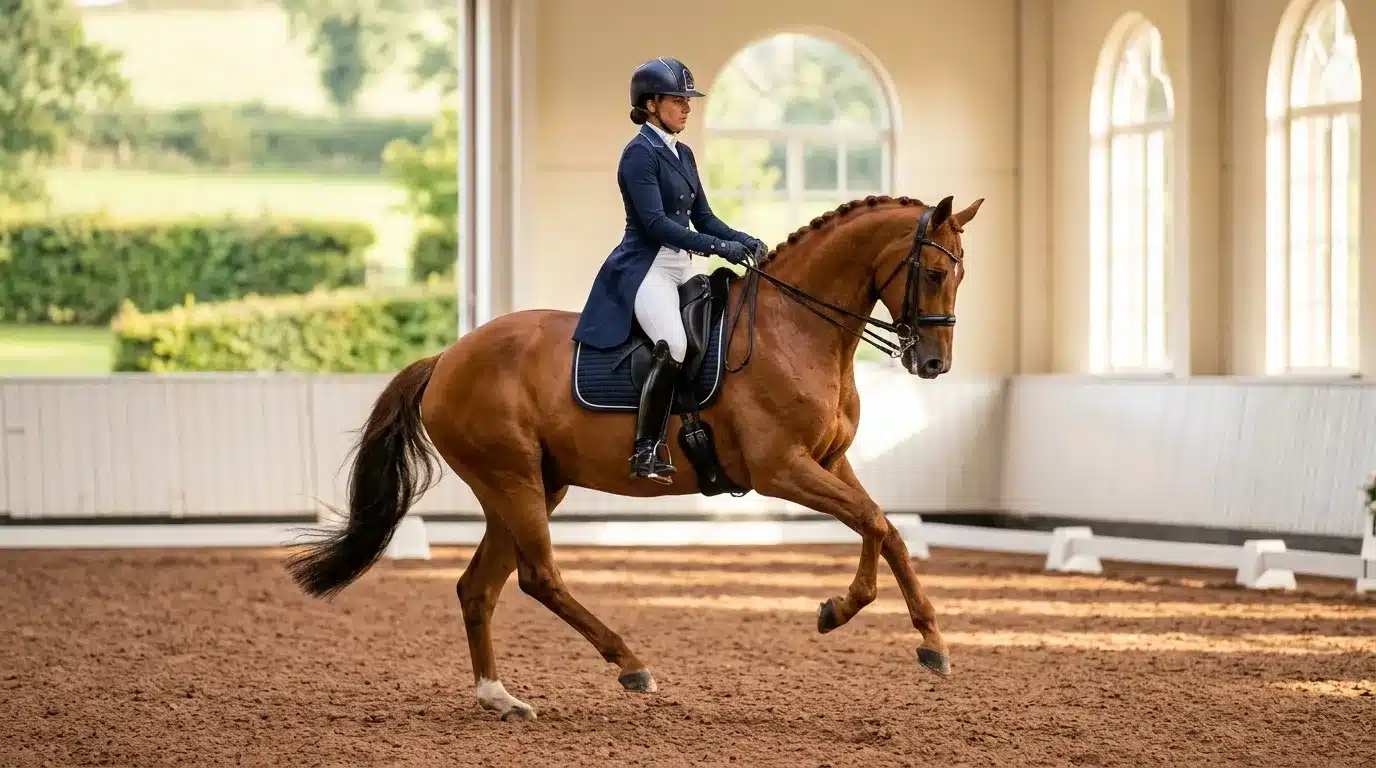 Cavalière en habit bleu montant cheval bai en carrière