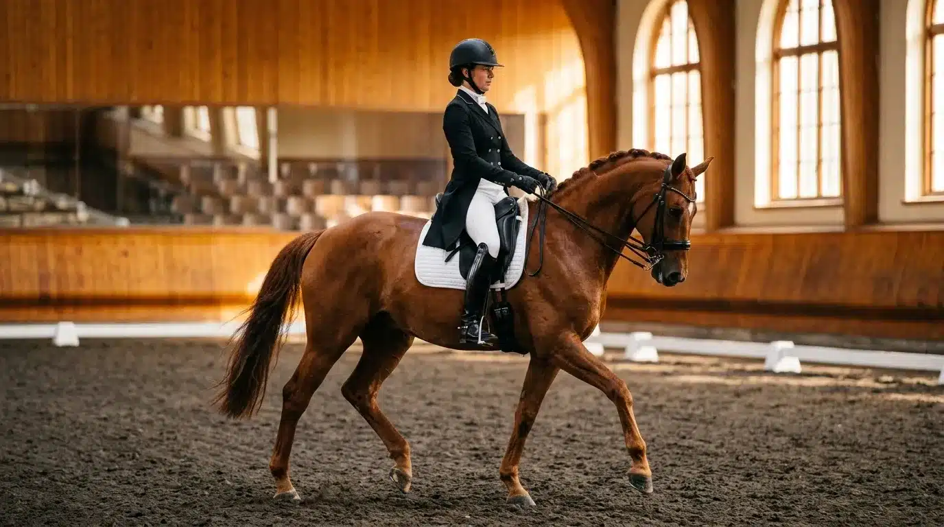 Cavalière en tenue noire montant un cheval brun en manège