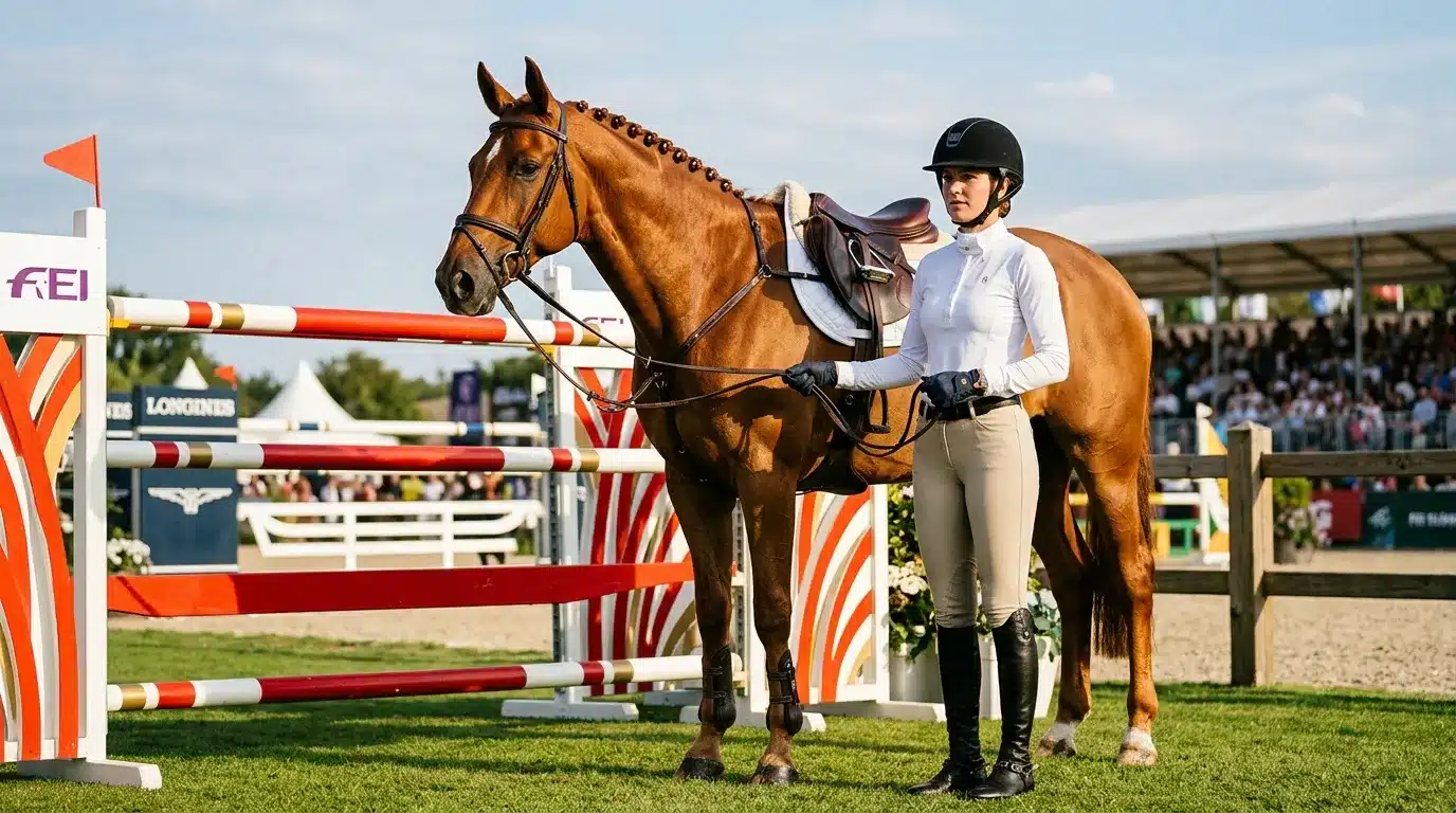Cavalière à cheval devant obstacle de saut d'équitation.
