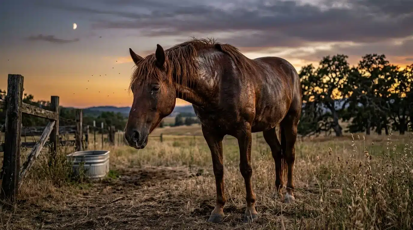 Cheval brun debout dans pâturage au coucher soleil