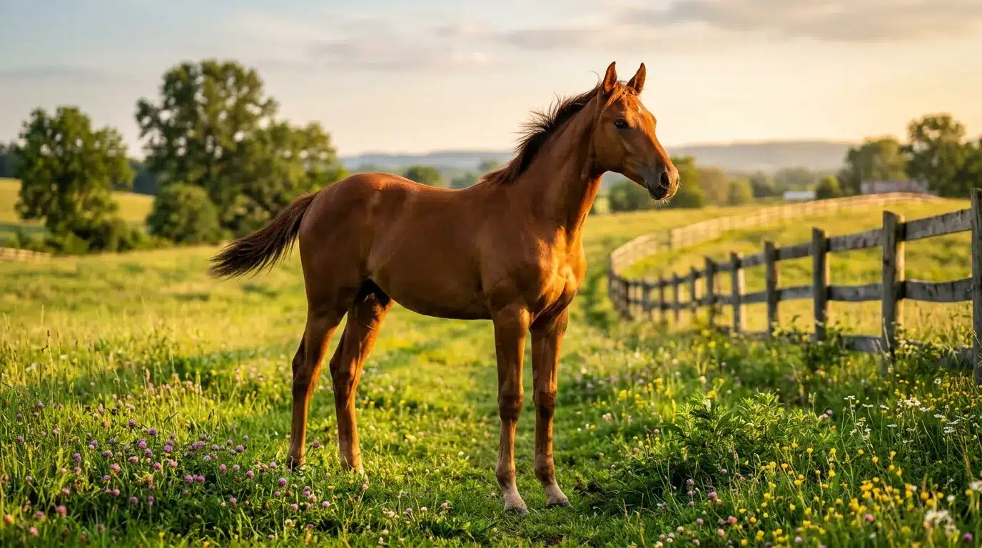 Cheval brun debout dans un champ fleuri avec clôture