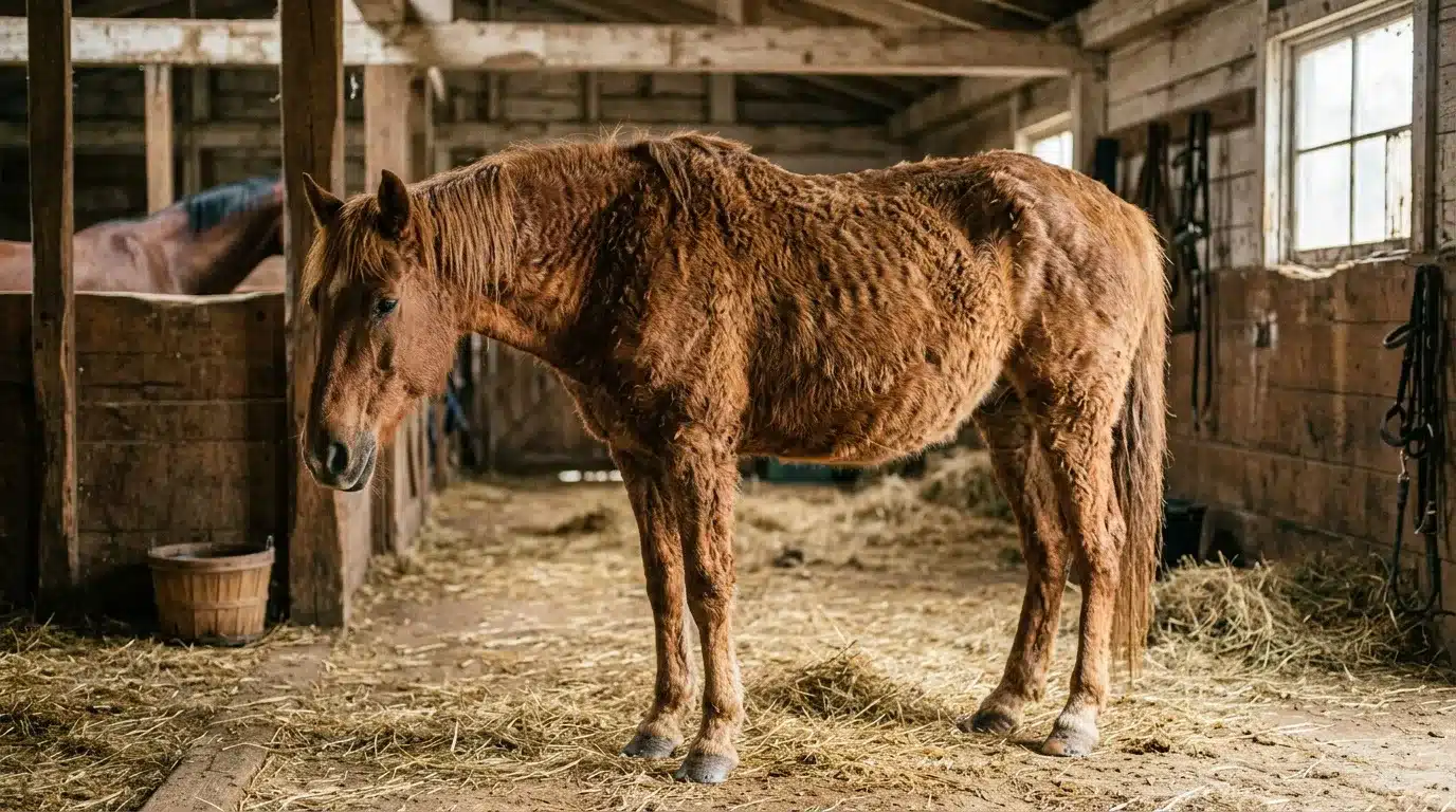 Cheval brun debout dans une écurie rustique.