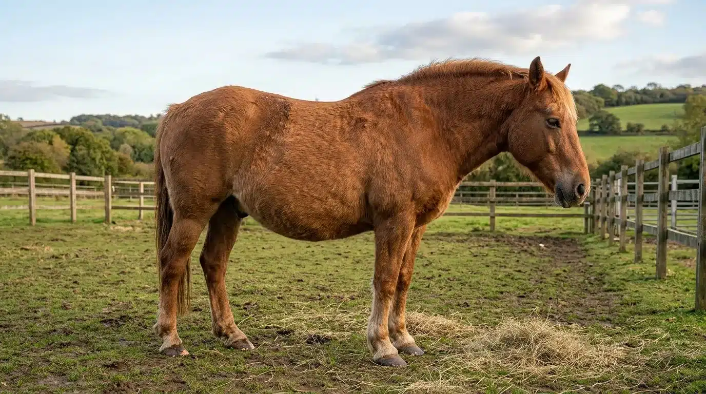 Cheval brun debout dans un enclos clôturé en campagne