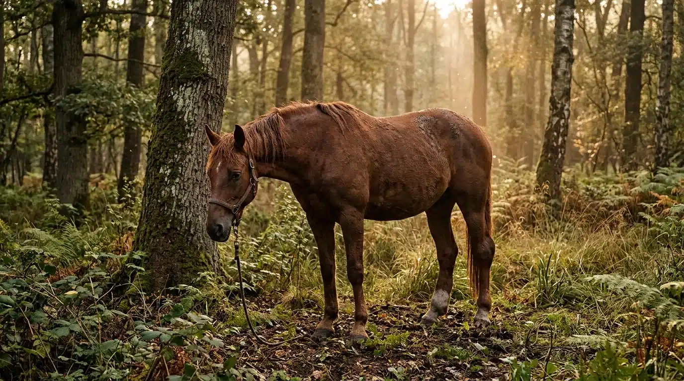 Cheval brun attaché près d'un arbre en forêt