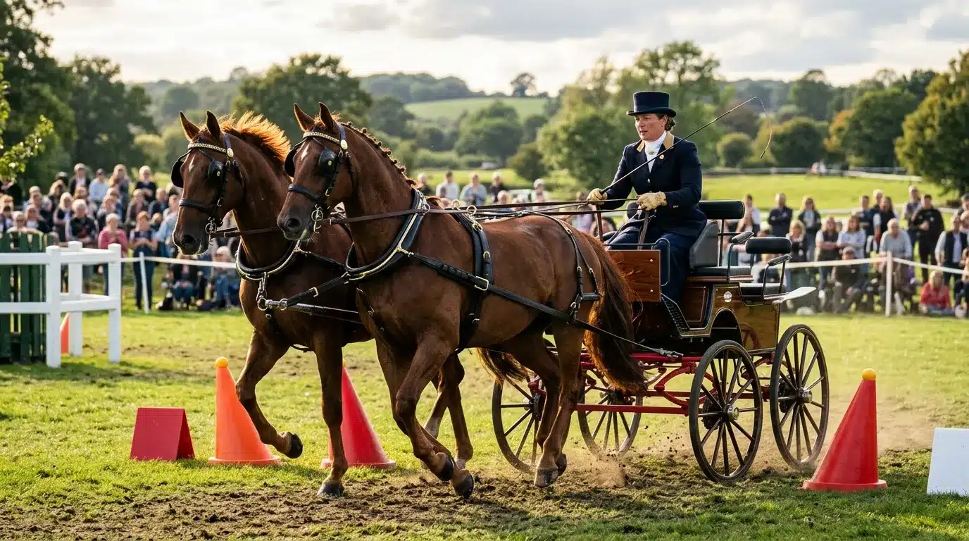 Conductrice en attelage avec deux chevaux bruns navigant parcours obstacles