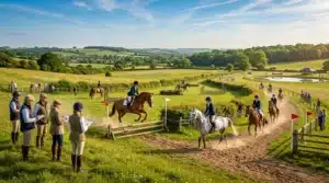 Cavaliers en compétition de saut d'obstacles dans un paysage rural