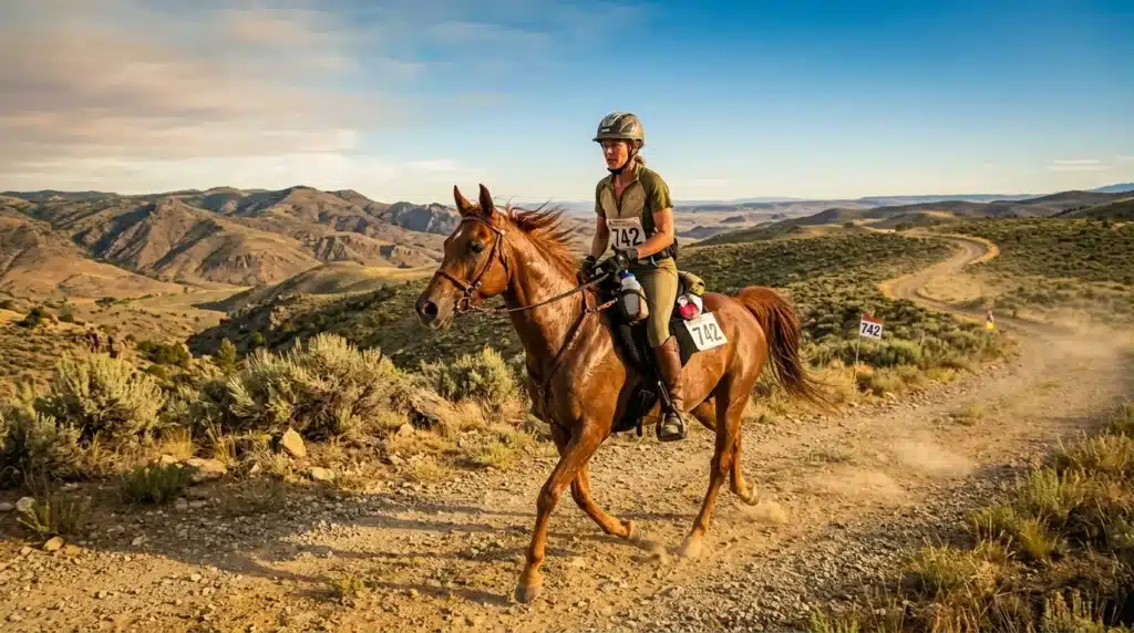 Cavalier au galop dans paysage montagneux aride et désertique