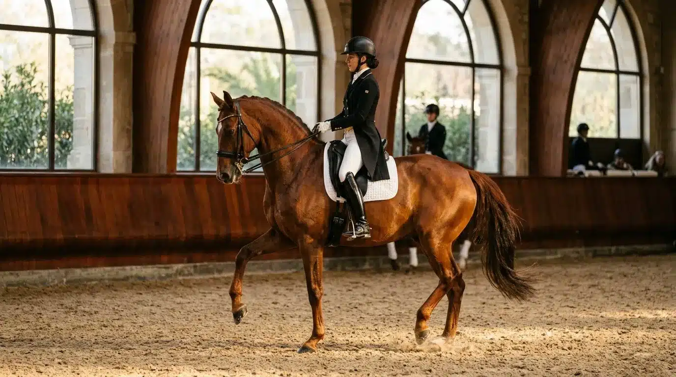 Cavalier en habit noir sur cheval bai en manège couvert
