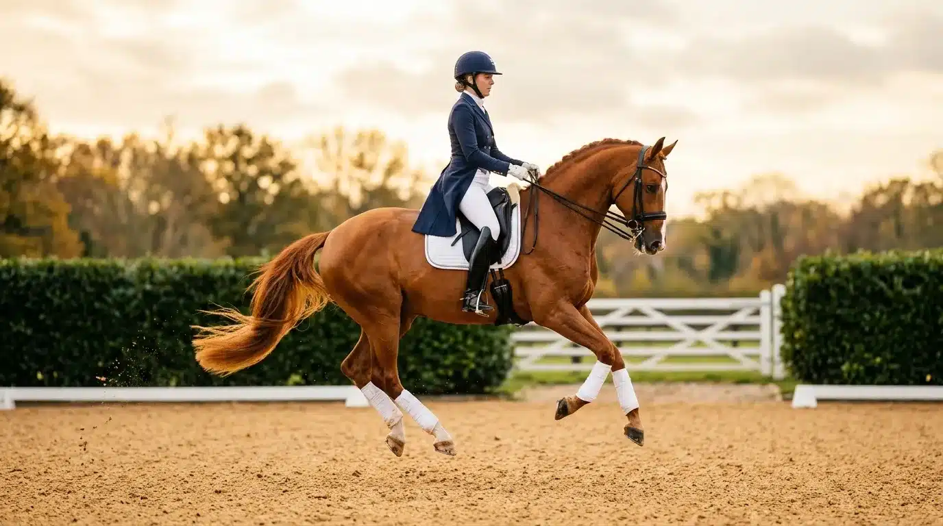 Cavalière en tenue de dressage sur cheval bai au trot