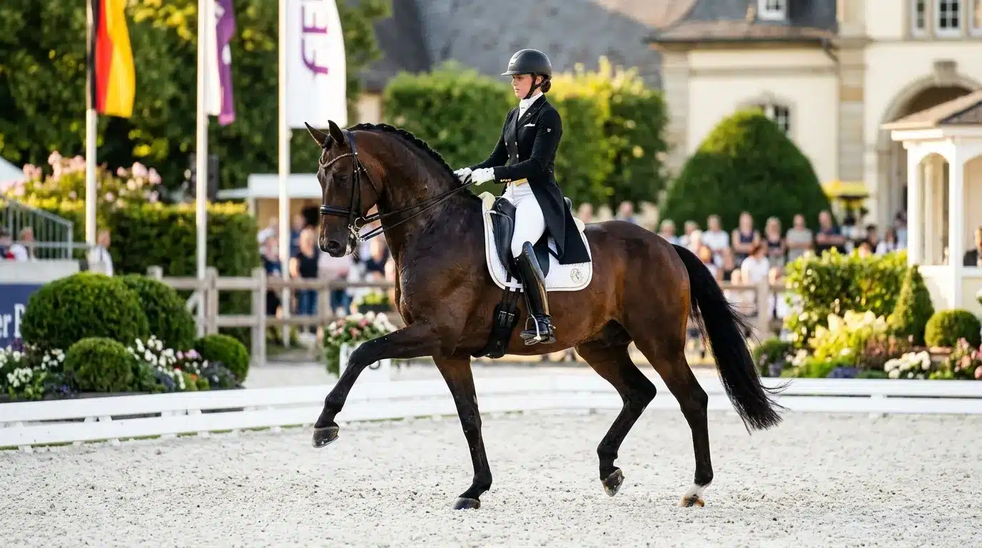 Cavalière en noir montant un cheval brun, tenue de dressage élégante.