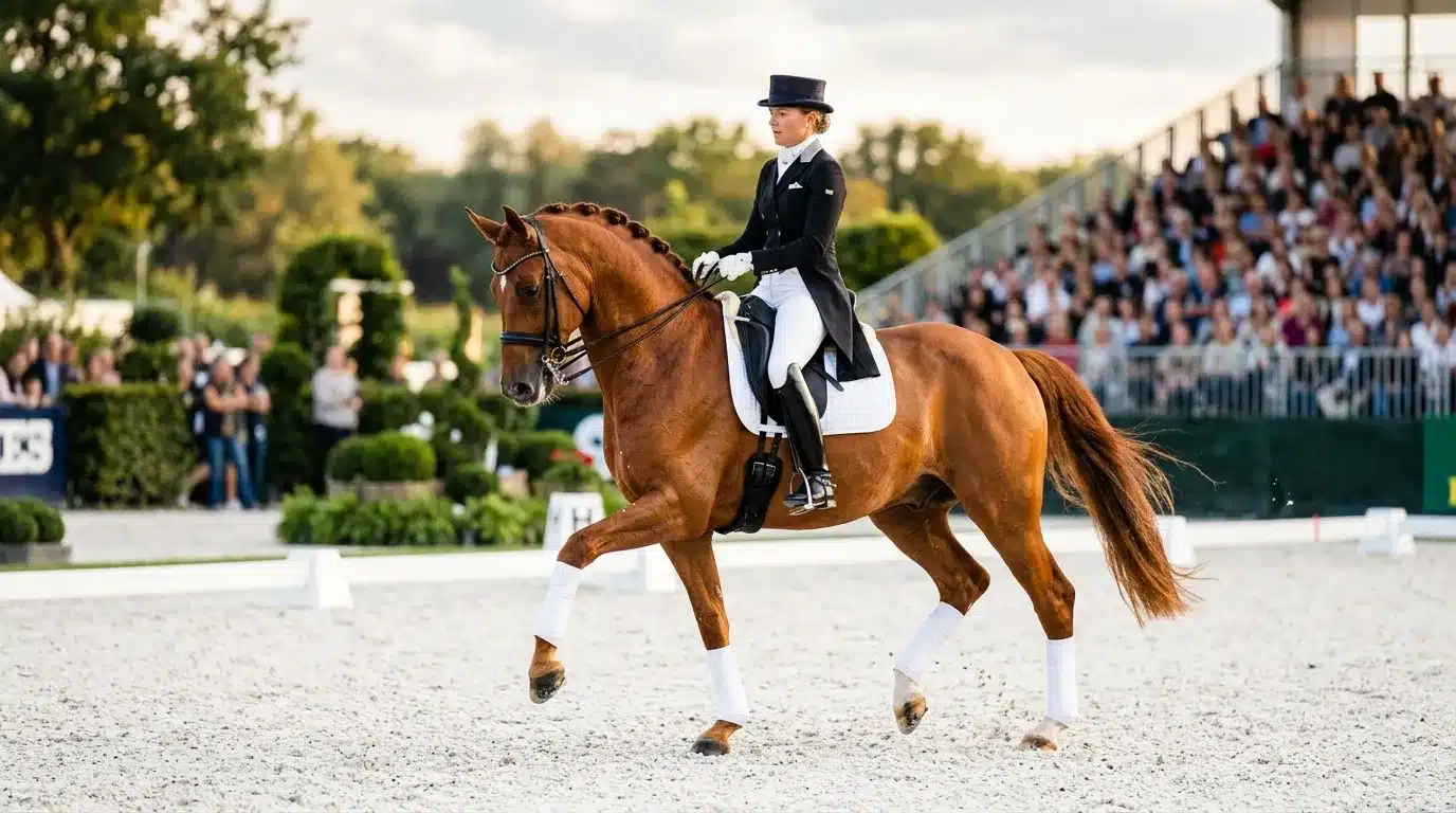 Cavalière en tenue noire montant cheval bai lors compétition dressage