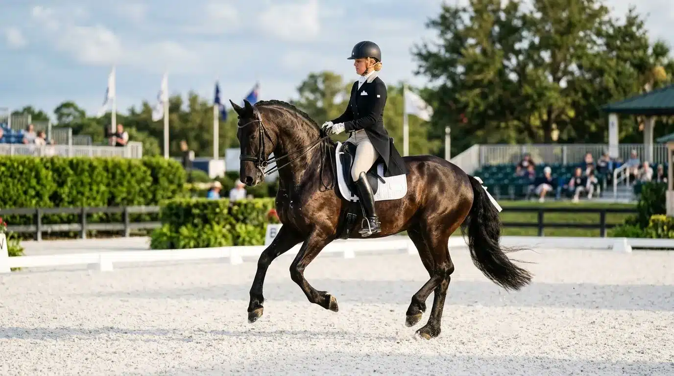 Cavalière en noir montant cheval brun au dressage