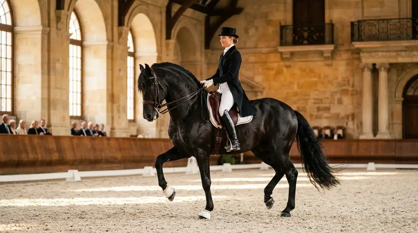 Cavalier en habit noir montant cheval noir au dressage