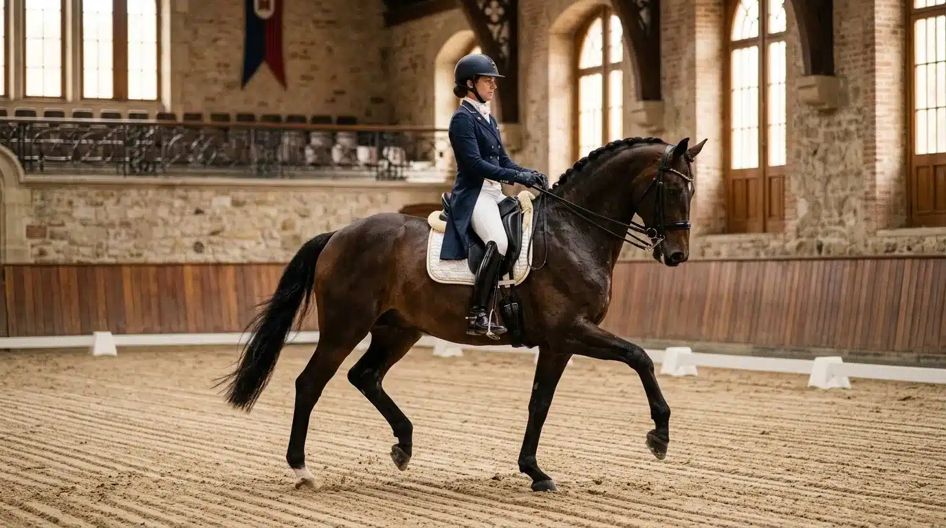 Cavalière en tenue de dressage galopant sur cheval noir