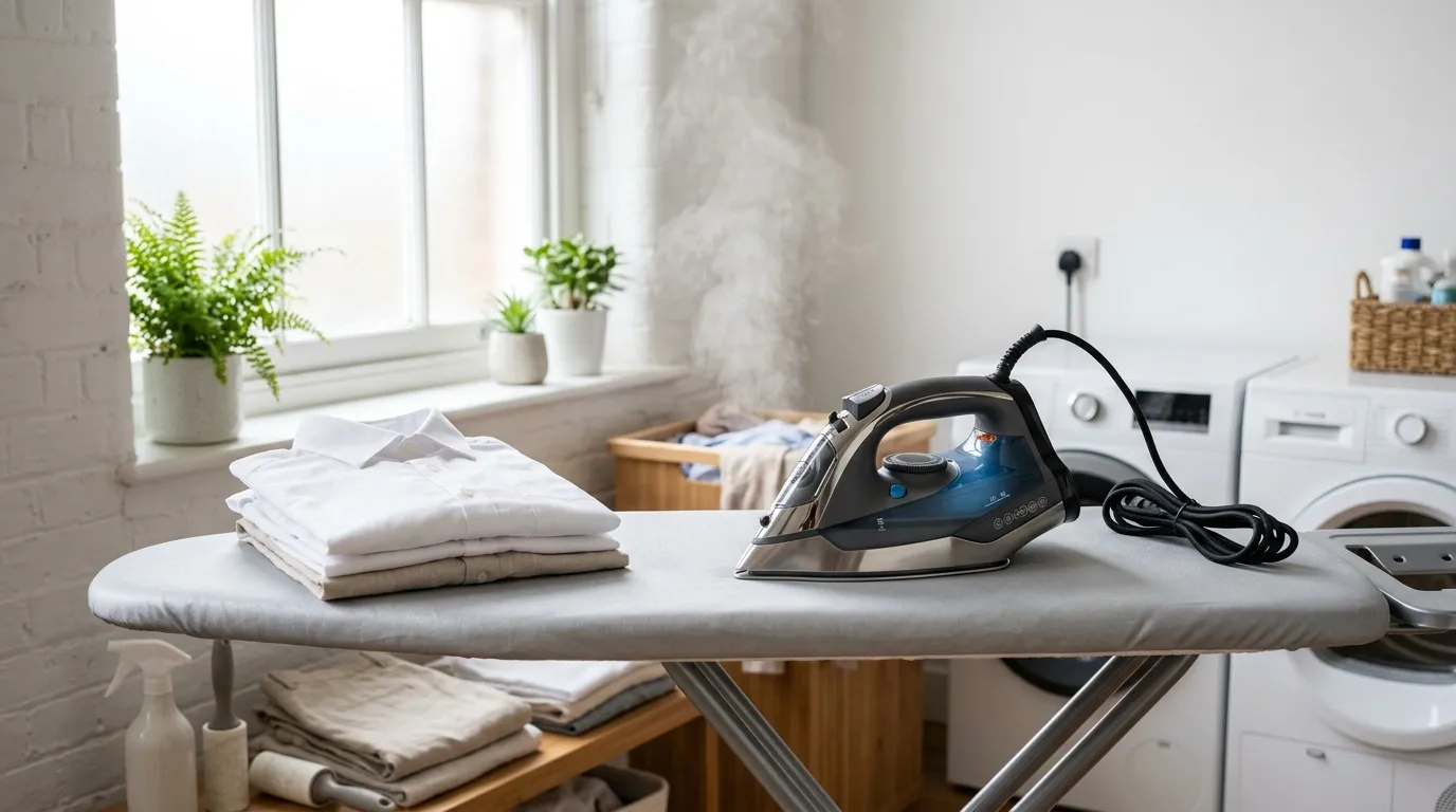 Table à repasser avec fer, linge blanc plié, machines à laver en arrière-plan