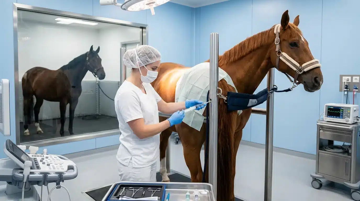 Vétérinaire examinant cheval en clinique équine équipée
