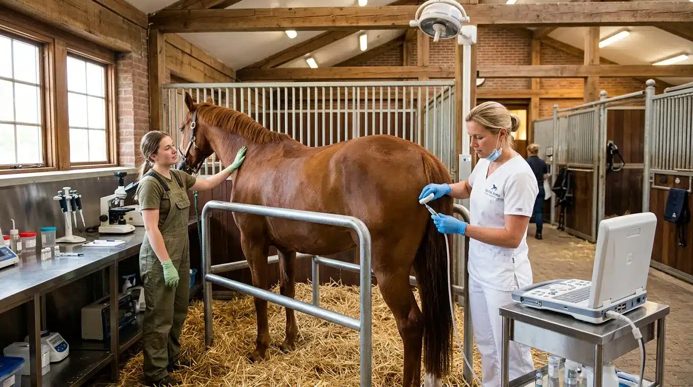 Vétérinaire examine cheval avec assistant dans écurie moderne