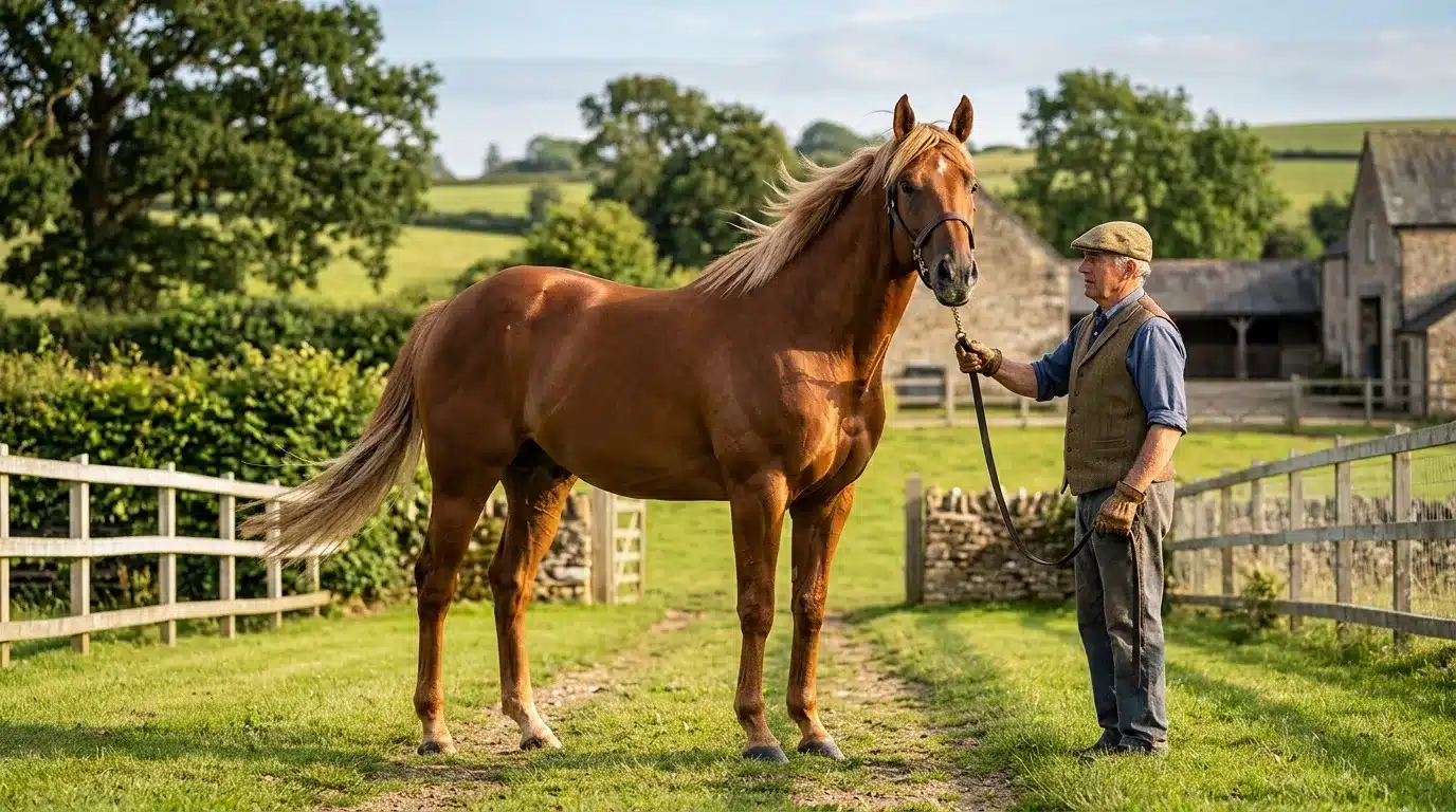 Homme tenant un cheval brun dans une ferme