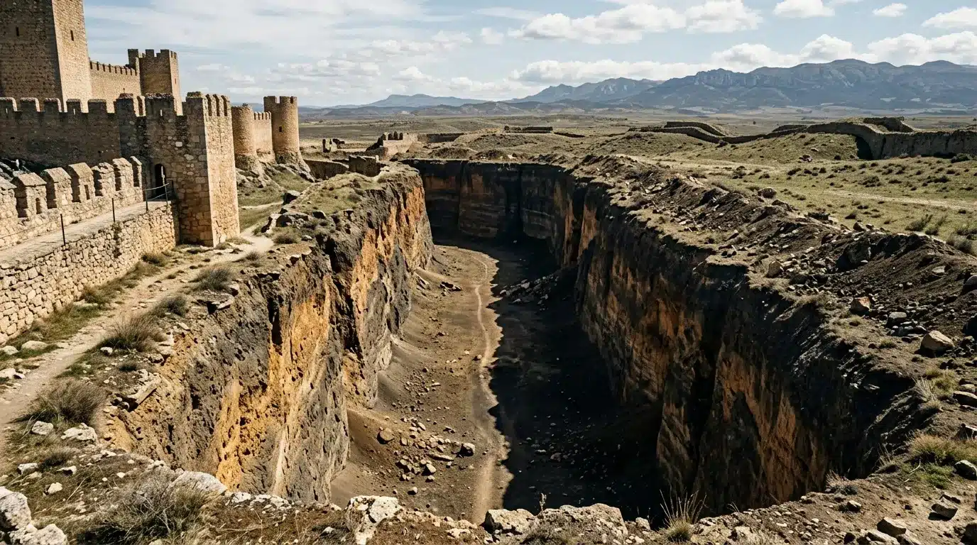 Château médiéval en pierre dominant une gorge désertique