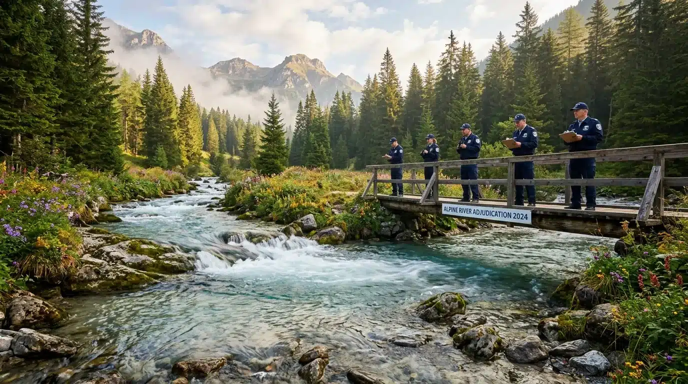 Officiers en uniforme bleu jugent rivière alpine montagneuse