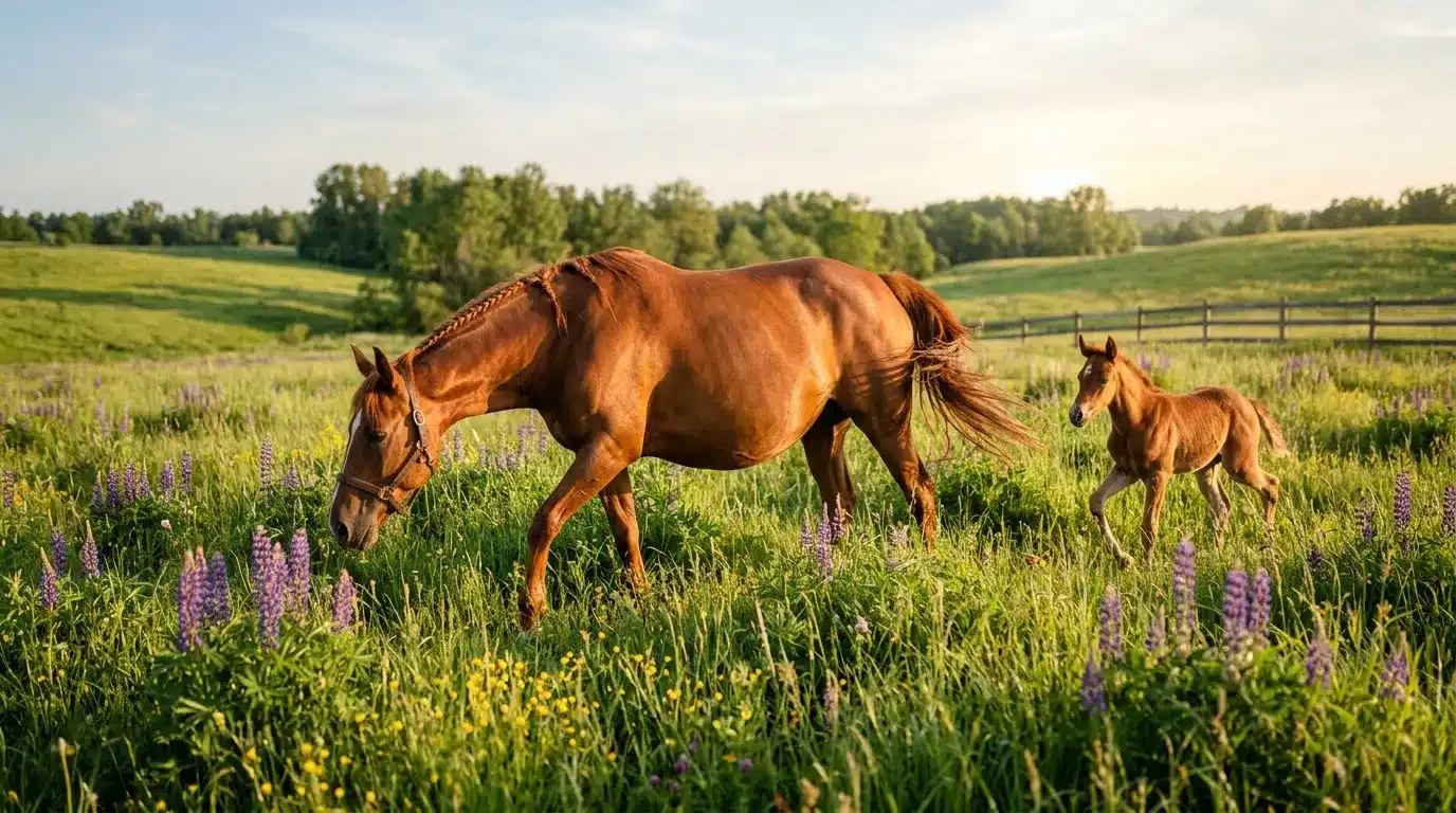 Cheval bai avec poulain dans un champ de fleurs violettes