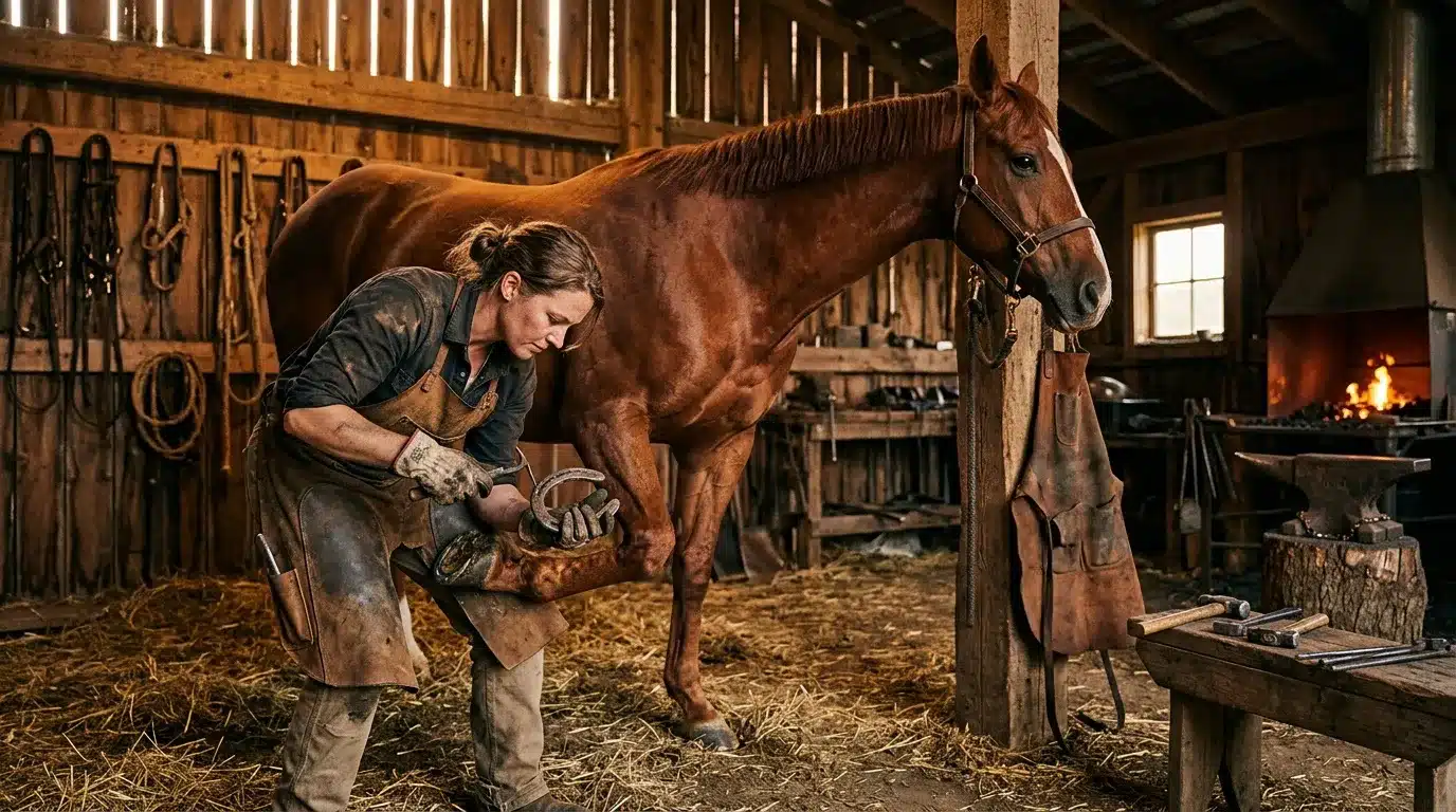 Femme ferrant un cheval dans une forge traditionnelle