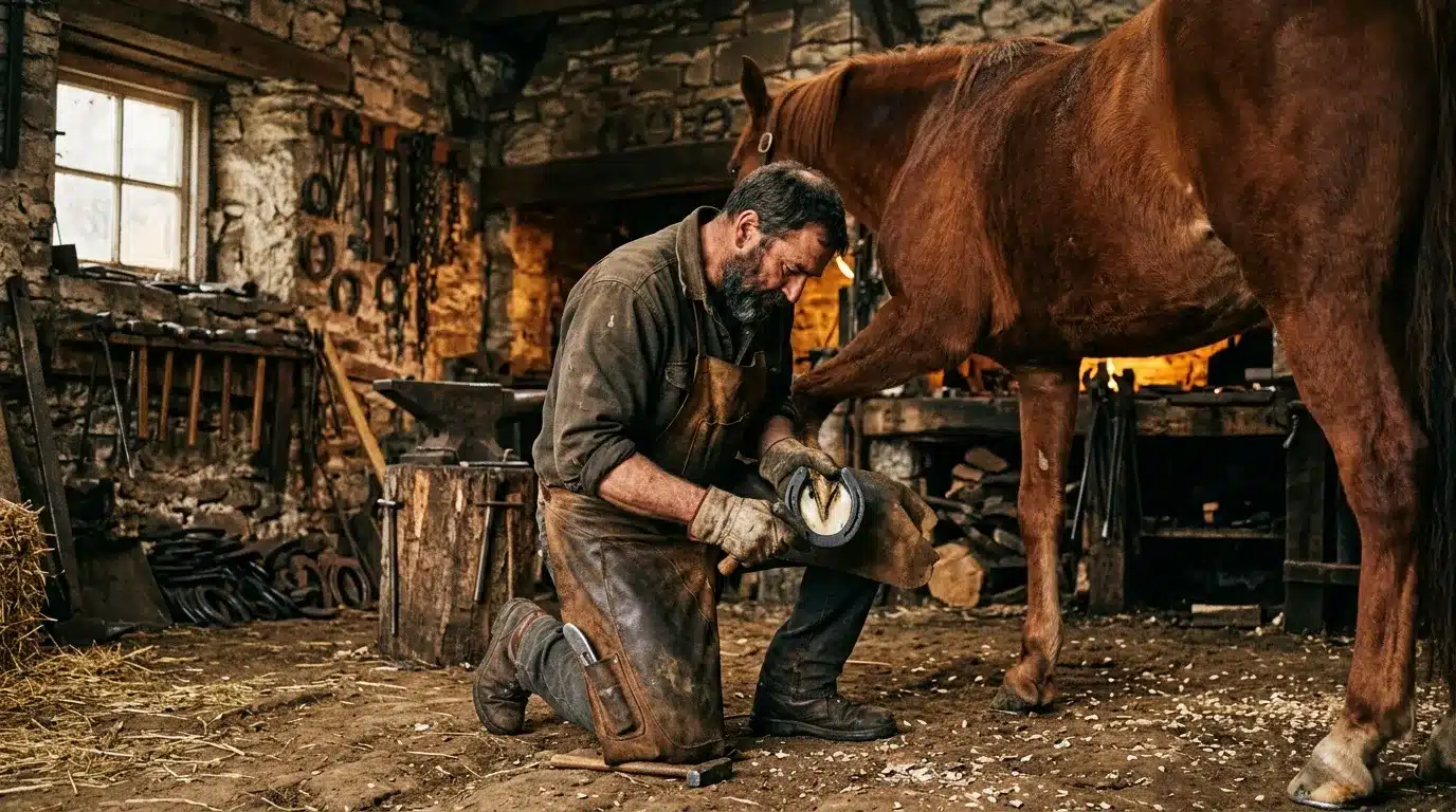 Maréchal-ferrant ferrant un cheval dans sa forge traditionnelle