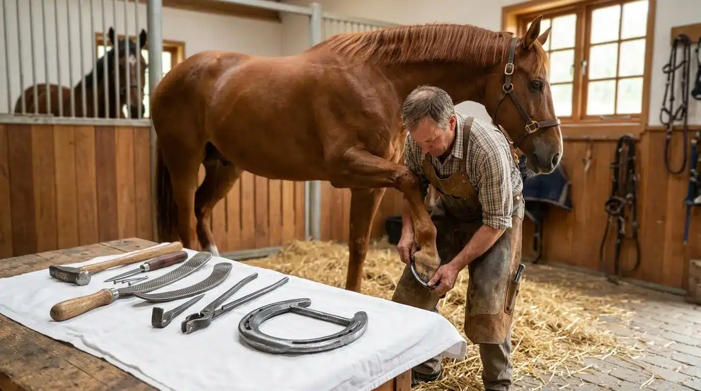 Maréchal-ferrant travaillant sur le sabot d'un cheval brun en écurie