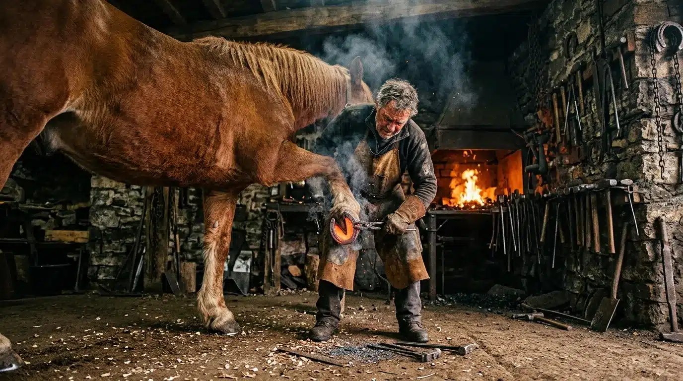Forgeron ferrant le sabot d'un cheval brun dans sa forge