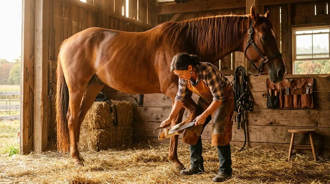 Homme ferrant les sabots d'un cheval brun en écurie