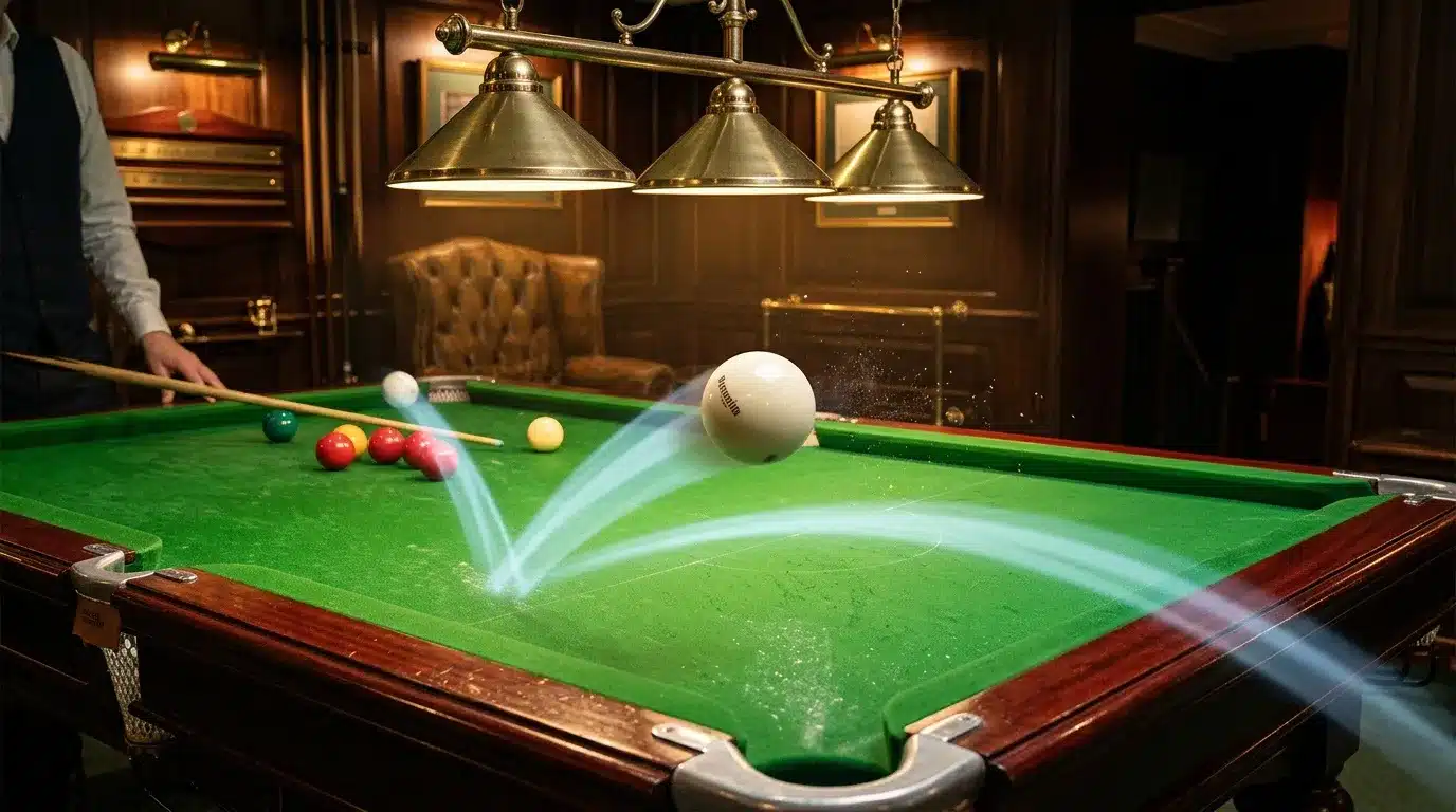 Table de billard verte illuminée avec boules et lampes dorées