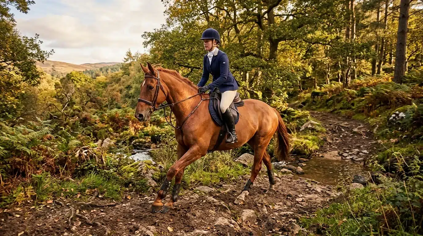 Cavalière à cheval brun trotant en forêt verdoyante