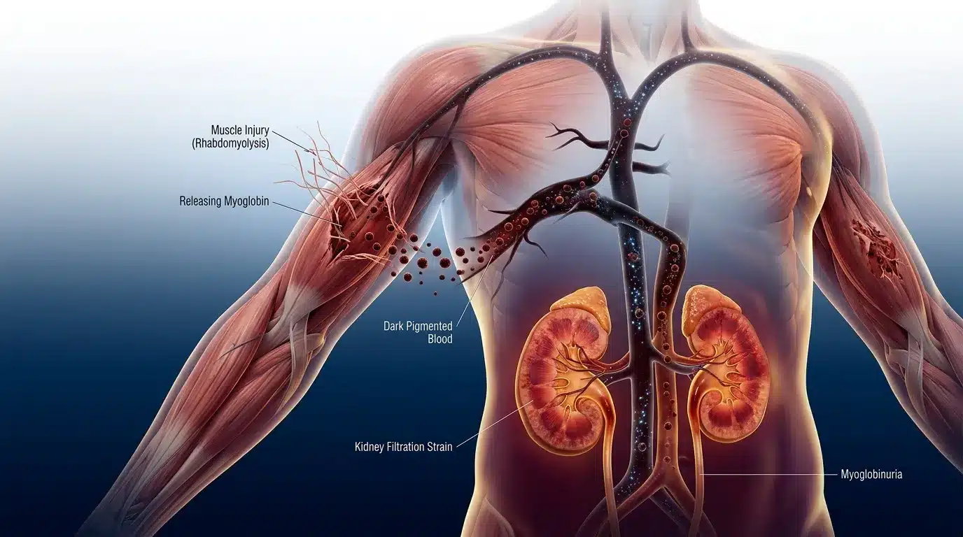 Illustration médicale montrant rhabdomyolyse, libération de myoglobine et lésions rénales