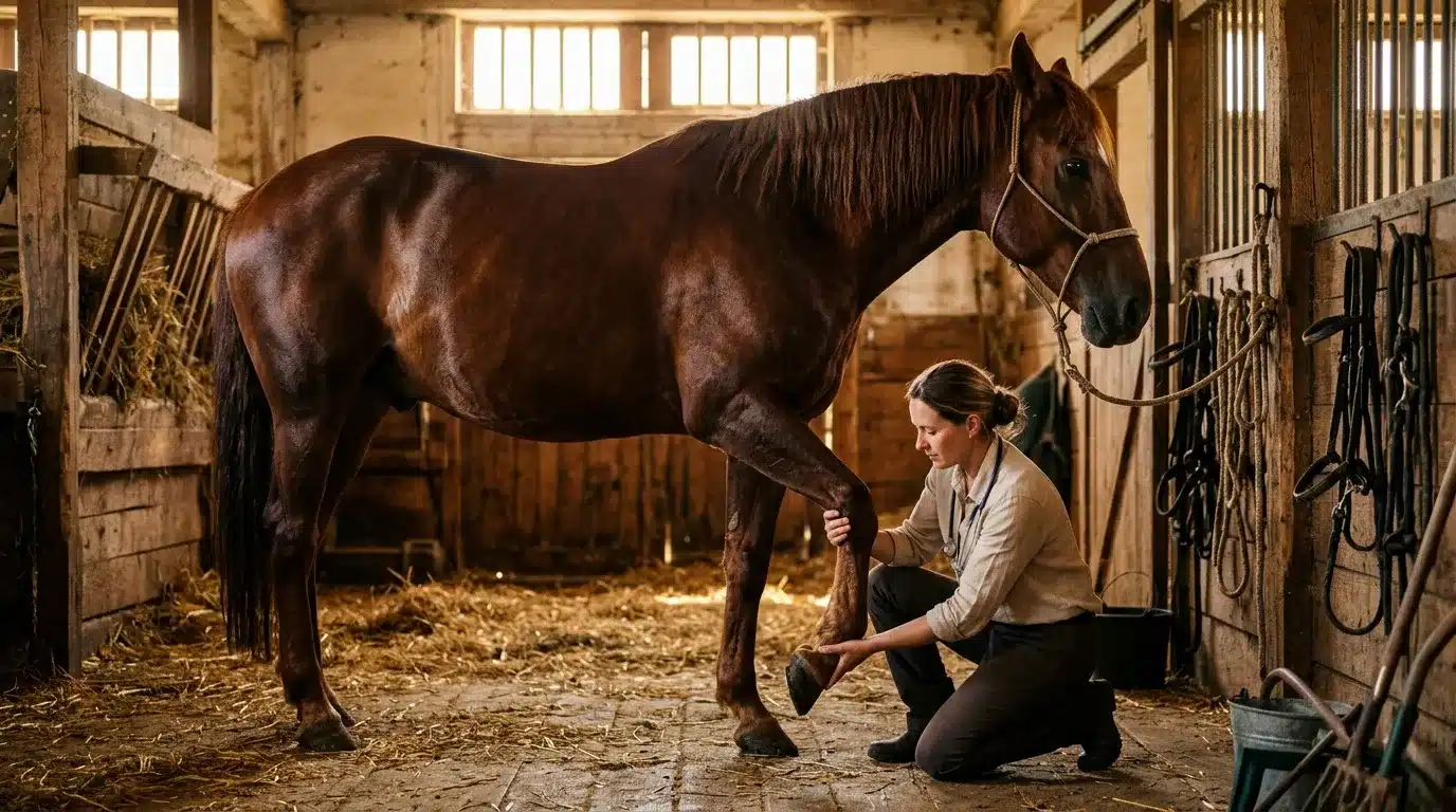 Femme soignant les jambes d'un cheval brun en écurie