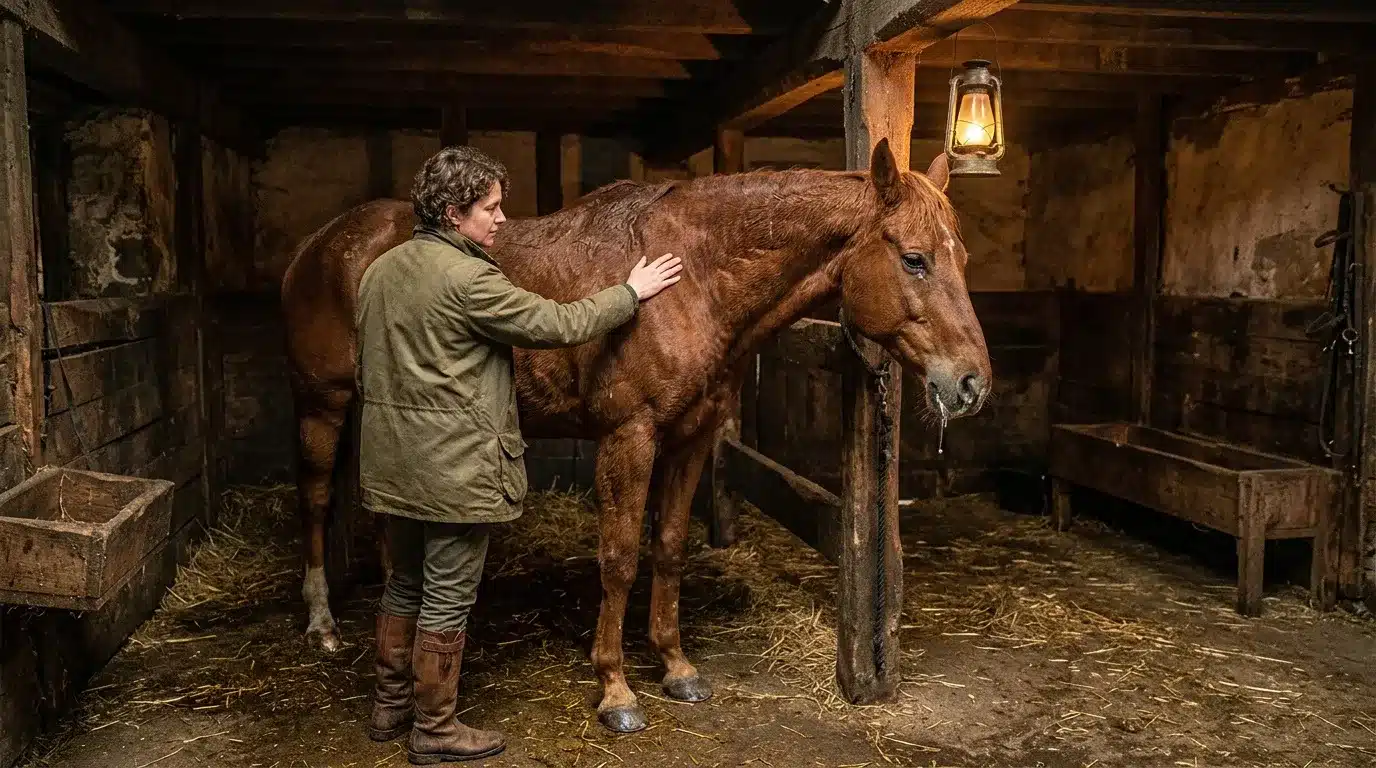 Homme soignant un cheval brun dans une écurie éclairée à la lanterne