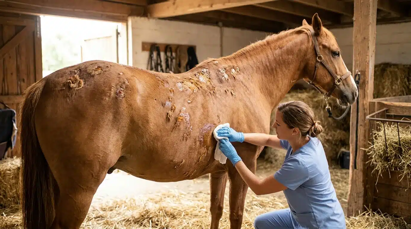 Femme vétérinaire examinant un cheval brun à l'écurie