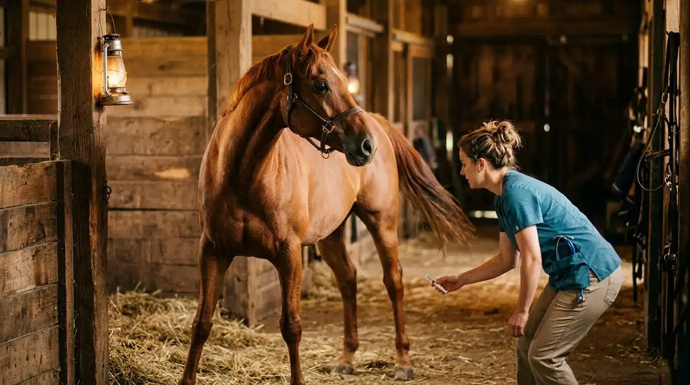 Vétérinaire examine cheval brun dans écurie illuminée