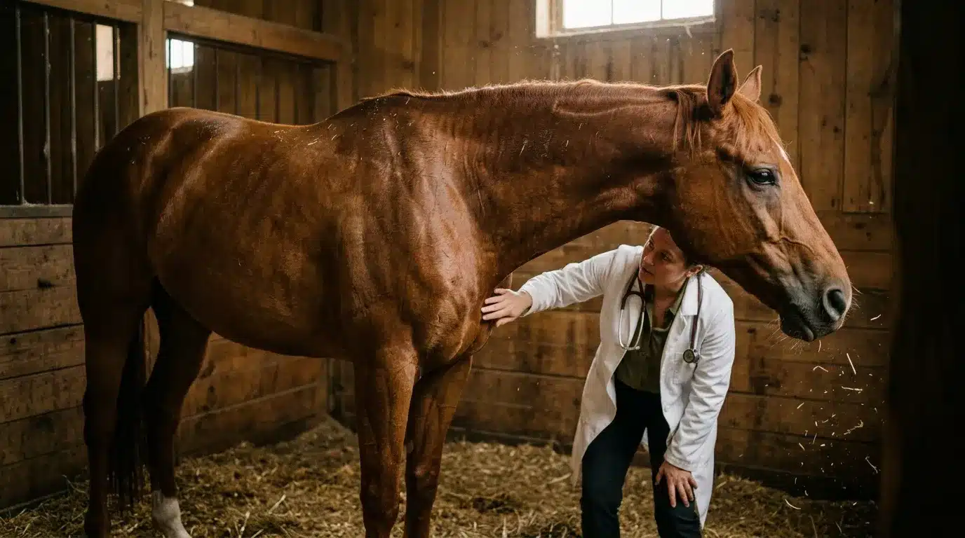 Vétérinaire en blouse blanche examine cheval brun à l'écurie