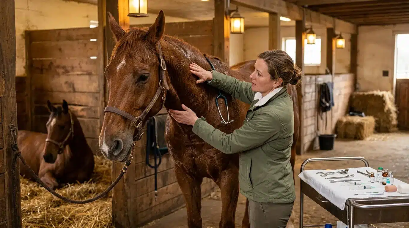 Vétérinaire en blouse verte examine un cheval brun à l'écurie
