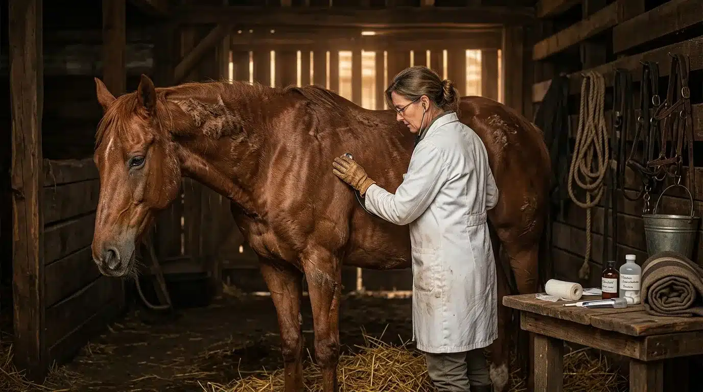 Vétérinaire en blouse blanche examine un cheval brun en écurie